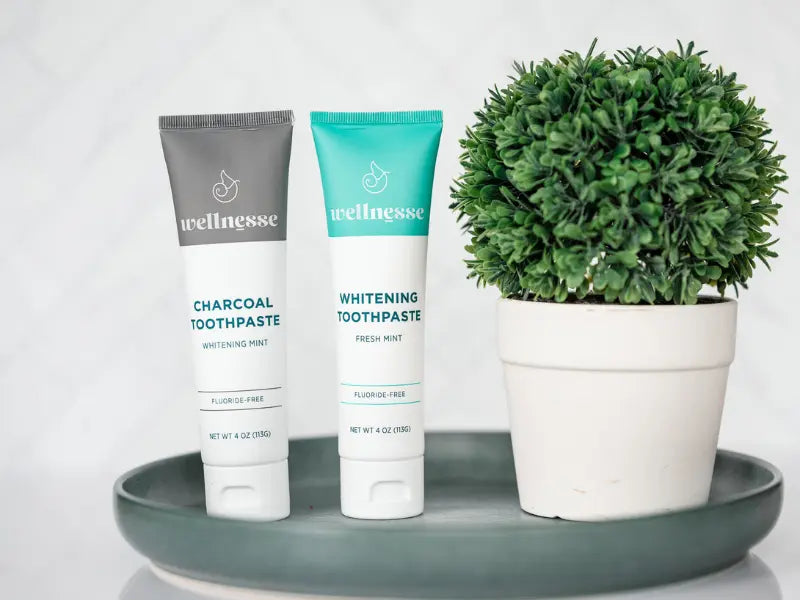 Natural whitening toothpaste displayed in charcoal and fresh mint varieties beside a potted plant on a tray.
