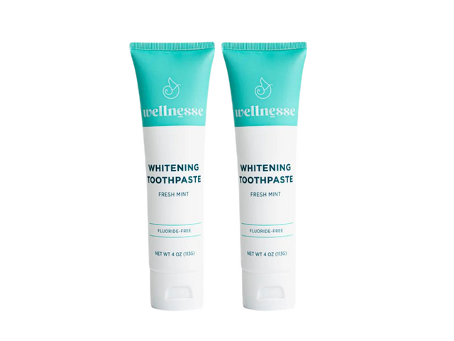 Best organic whitening toothpaste twin pack from Wellnesse, featuring fluoride-free fresh mint formula in teal and white tubes.