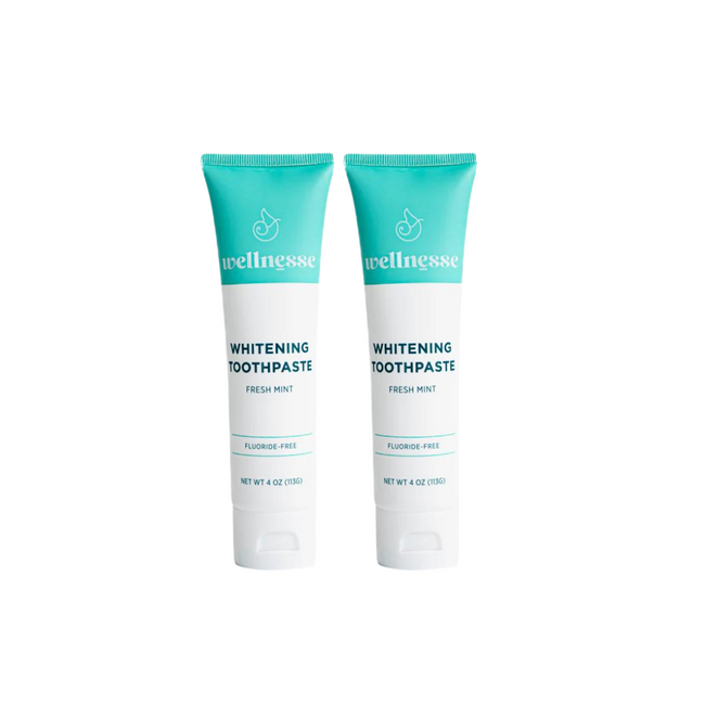 Best organic whitening toothpaste twin pack from Wellnesse, featuring fluoride-free fresh mint formula in teal and white tubes.
