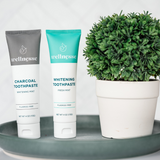 Charcoal and mint organic hydroxyapatite toothpaste tubes displayed alongside bamboo toothbrushes and natural dental floss on a wooden tray