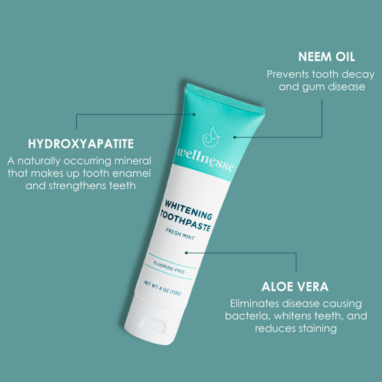 Best natural teeth whitening toothpaste with hydroxyapatite, neem oil, and aloe vera benefits highlighted on a Wellnesse tube.