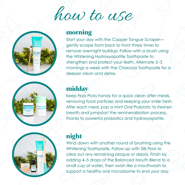 Dental hygiene kit routine guide showing morning, midday, and night use of tongue scraper, toothpaste, floss, probiotics, and mouth blend.