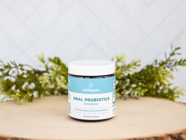 Oral probiotics by Wellnesse in peppermint flavor with hydroxyapatite, designed to support fresh breath and oral microbiome health