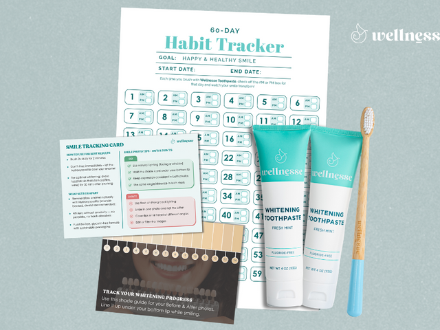 Fluoride-free mint whitening toothpaste by Wellnesse shown with toothbrush, habit tracker, and smile shade guide for progress monitoring