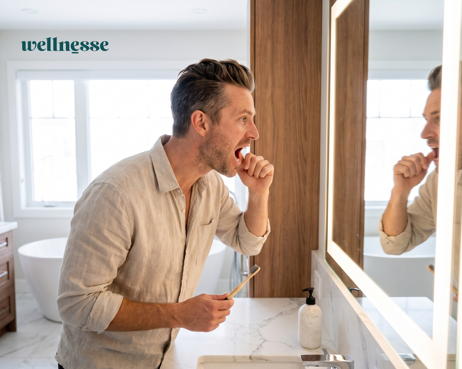 Man smiling at his reflection in a bathroom mirror while holding a Wellnesse bamboo toothbrush.