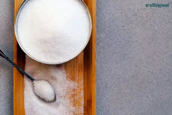 Bowl and spoon of white granulated xylitol crystals on a wooden board.
