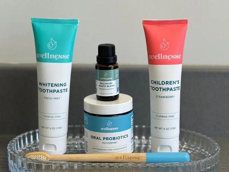 Healthy toothpaste Wellnesse oral care set with whitening toothpaste, children’s toothpaste, probiotics, and bamboo toothbrush
