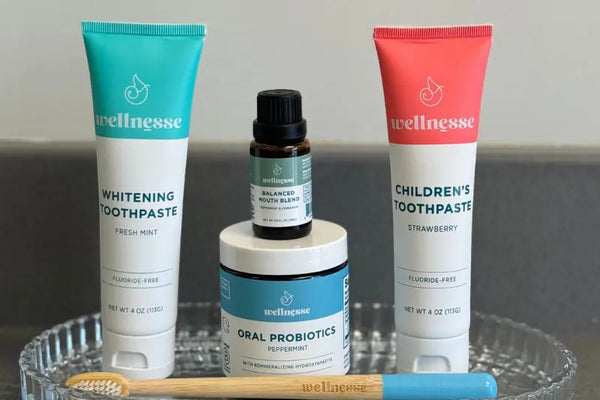 Healthy toothpaste Wellnesse oral care set with whitening toothpaste, children’s toothpaste, probiotics, and bamboo toothbrush
