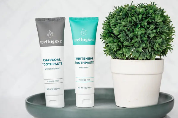Natural whitening toothpaste displayed in charcoal and fresh mint varieties beside a potted plant on a tray.
