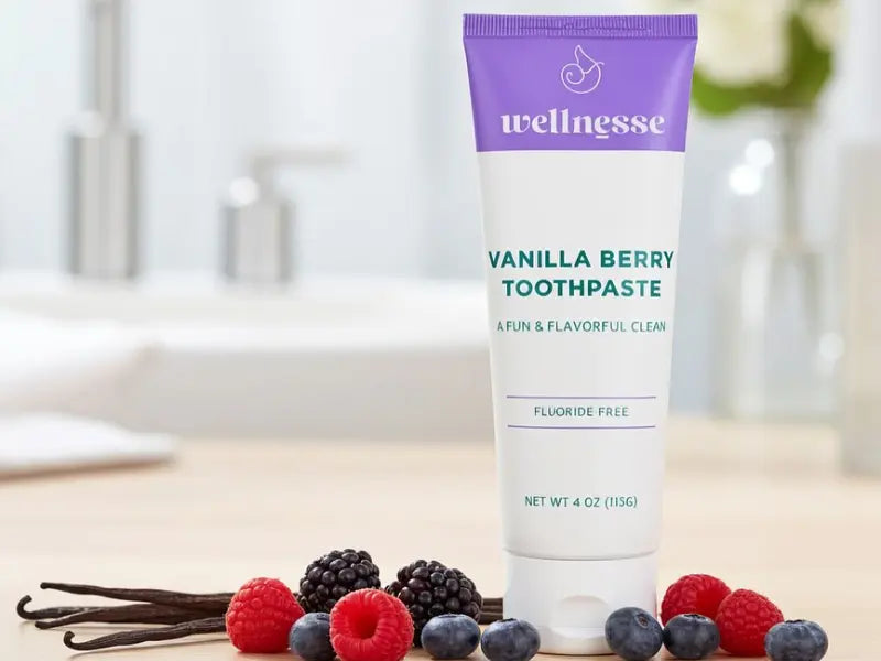 Remineralizing toothpaste tube of Wellnesse Vanilla Berry Toothpaste surrounded by fresh berries and vanilla beans