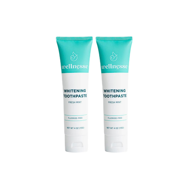 Best organic whitening toothpaste twin pack from Wellnesse, featuring fluoride-free fresh mint formula in teal and white tubes.