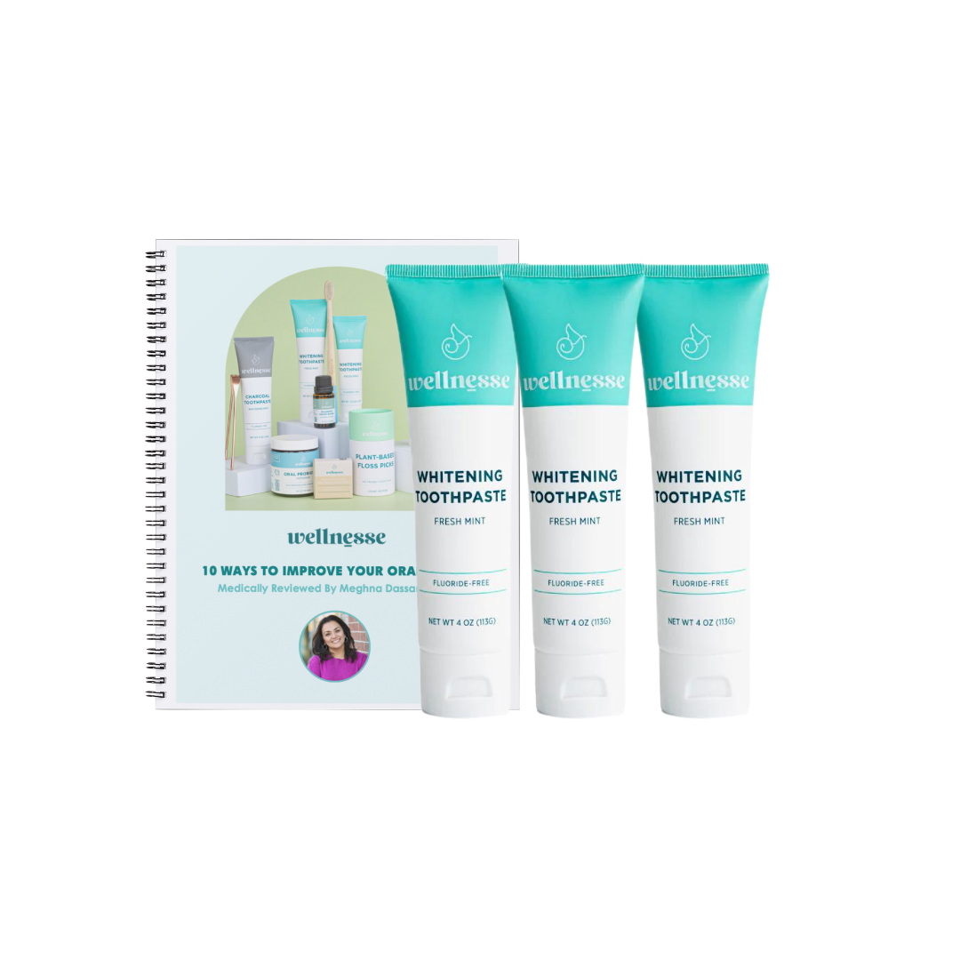 Organic whitening toothpaste 3-pack from Wellnesse with a fresh mint fluoride-free formula, shown alongside an oral care improvement guide.