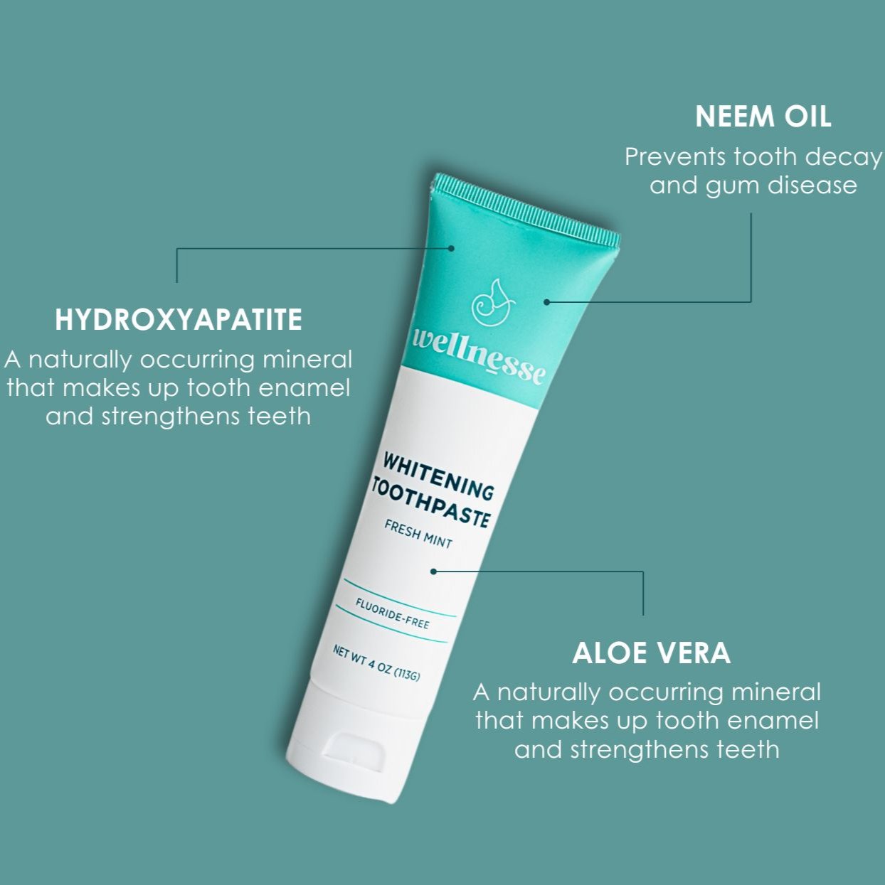 Fluoride free mint whitening toothpaste featuring hydroxyapatite, neem oil, and aloe vera benefits on a labeled Wellnesse tube.