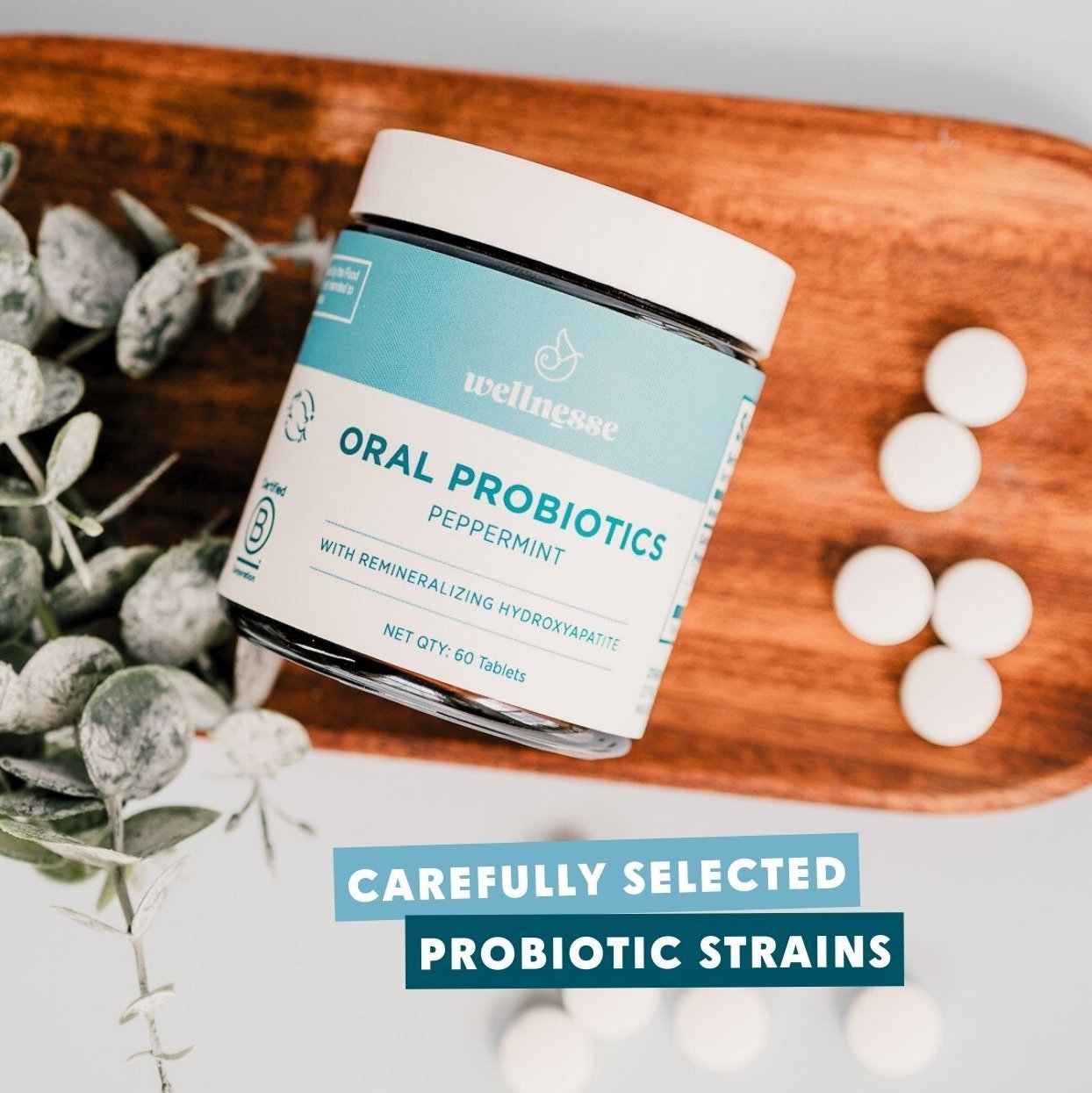 Oral probiotics for teeth and gums by Wellnesse with carefully selected probiotic strains and hydroxyapatite to support oral health