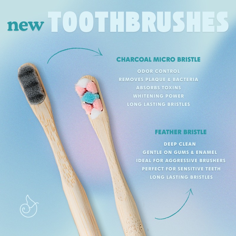 Charcoal toothbrush with micro bristles for odor control, plaque removal, and whitening, shown alongside a feather bristle option.