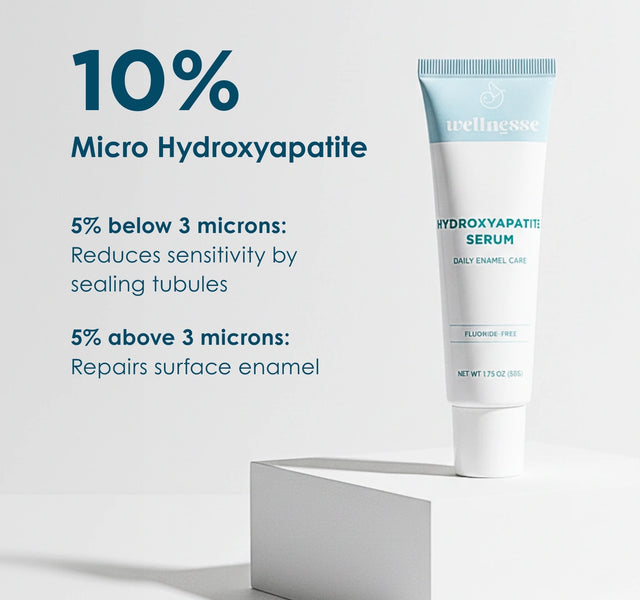 Wellnesse hydroxyapatite serum tube with 10% micro hydroxyapatite for daily enamel care on a white pedestal