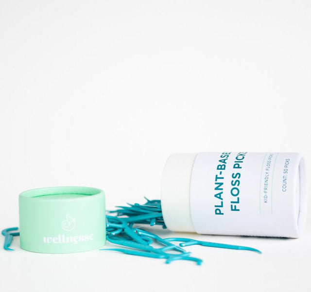 Wellnesse biodegradable floss picks fanned out beside the container showing the cornstarch handles