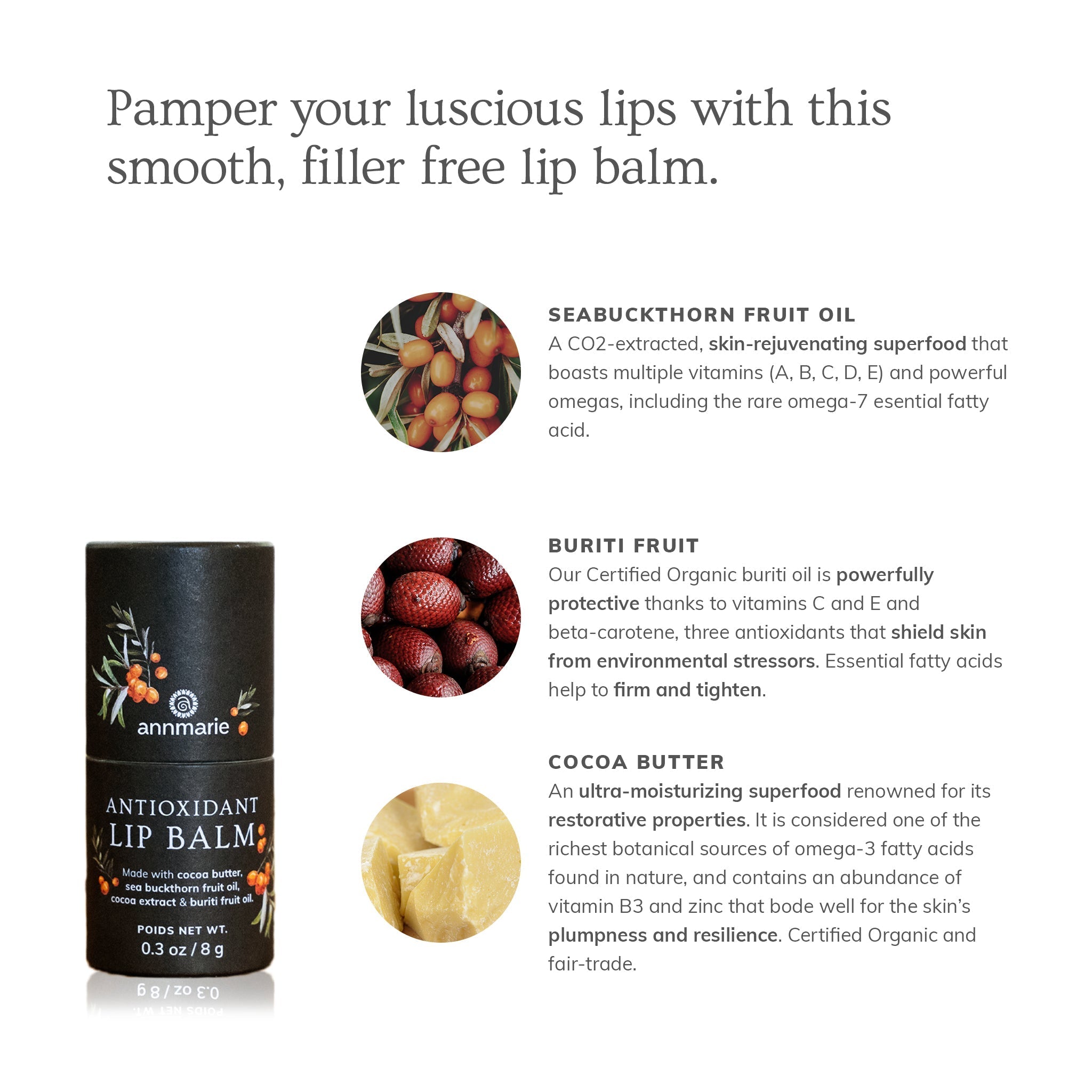 Antioxidant Lip Balm benefits graphic with sea buckthorn fruit oil, buriti fruit, and cocoa butter