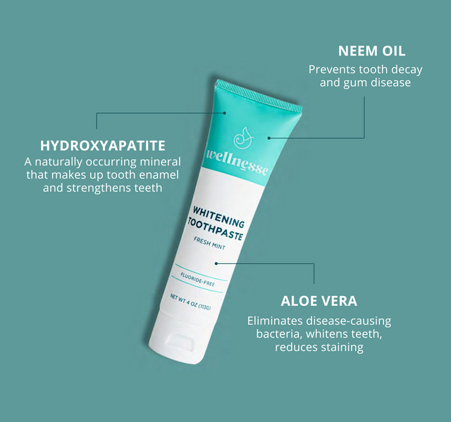 Hydroxyapatite toothpaste by Wellnesse with ingredient callouts for neem oil, hydroxyapatite, and aloe vera on a teal background.