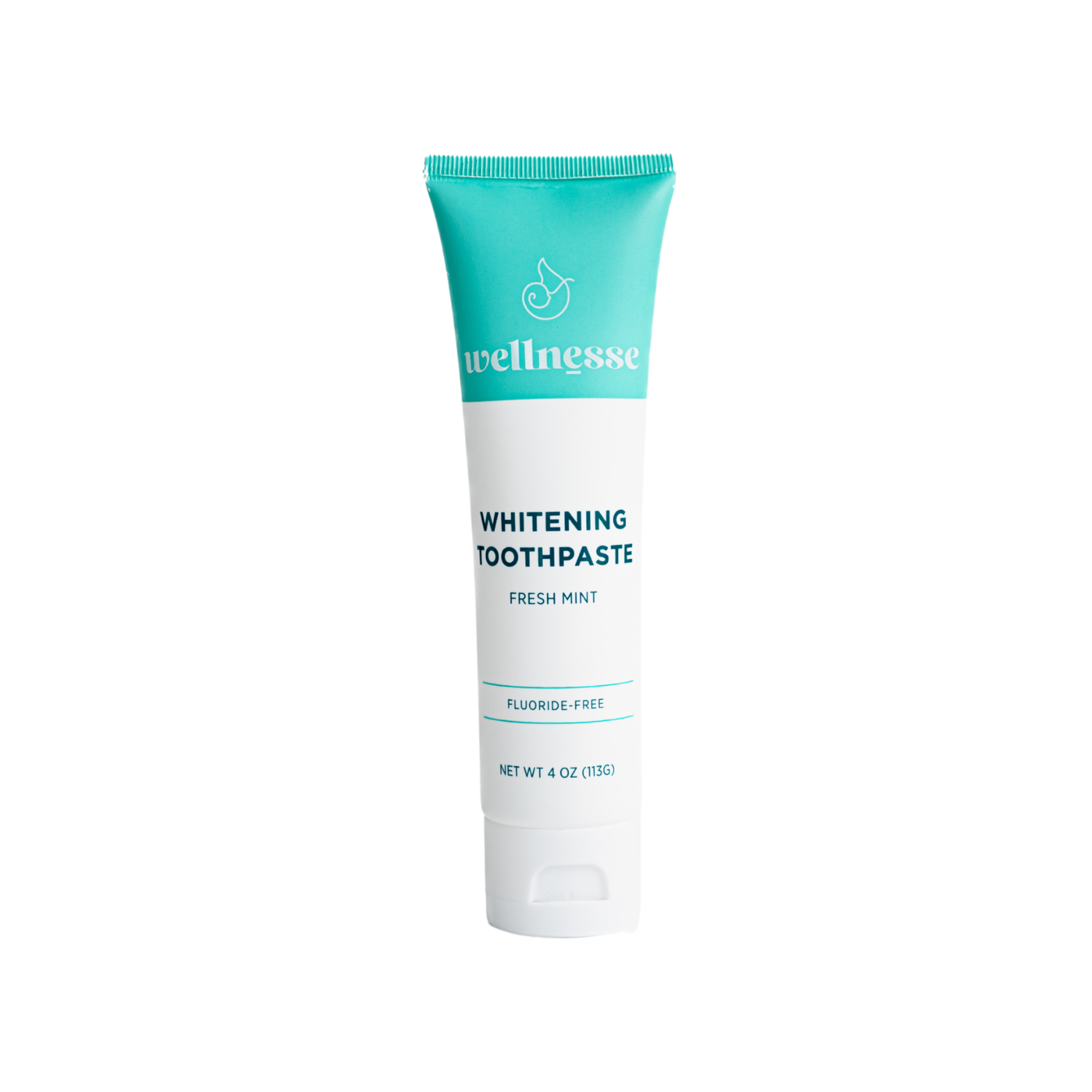 Best organic whitening toothpaste in a Wellnesse tube featuring fluoride-free fresh mint formula, isolated on a transparent background.