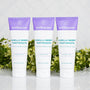 Fluoride-free toothpaste by Wellnesse in Vanilla Berry flavor shown as three tubes side by side with green plants behind them on a marble surface.