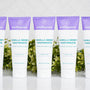 Fluoride-free toothpaste by Wellnesse in Vanilla Berry flavor shown as five identical tubes lined up in a row against a white herringbone tile backdrop.